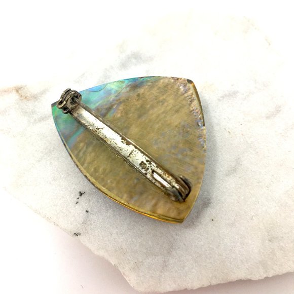 Vintage Triangular Abalone Shell Resin Coated Pin Brooch - Picture 5 of 13